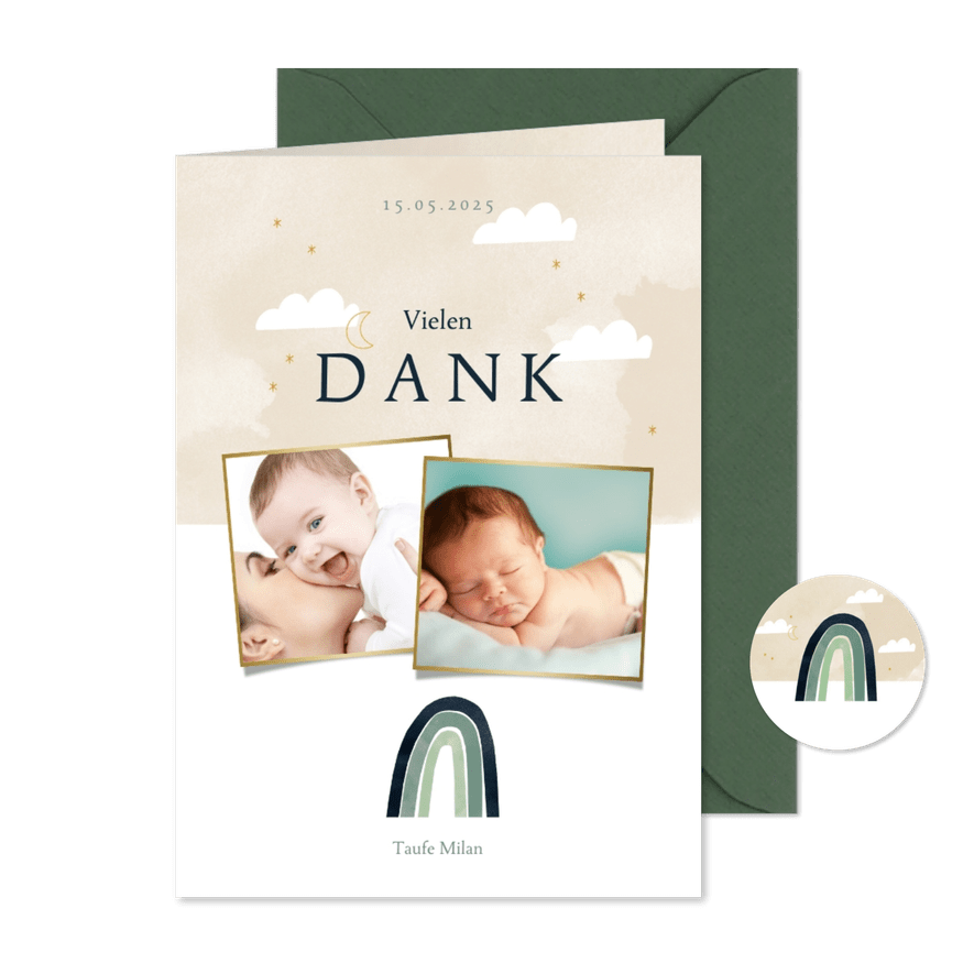 Danksagung Taufe Fotos & Regenbogen grün - Karteneindruck
