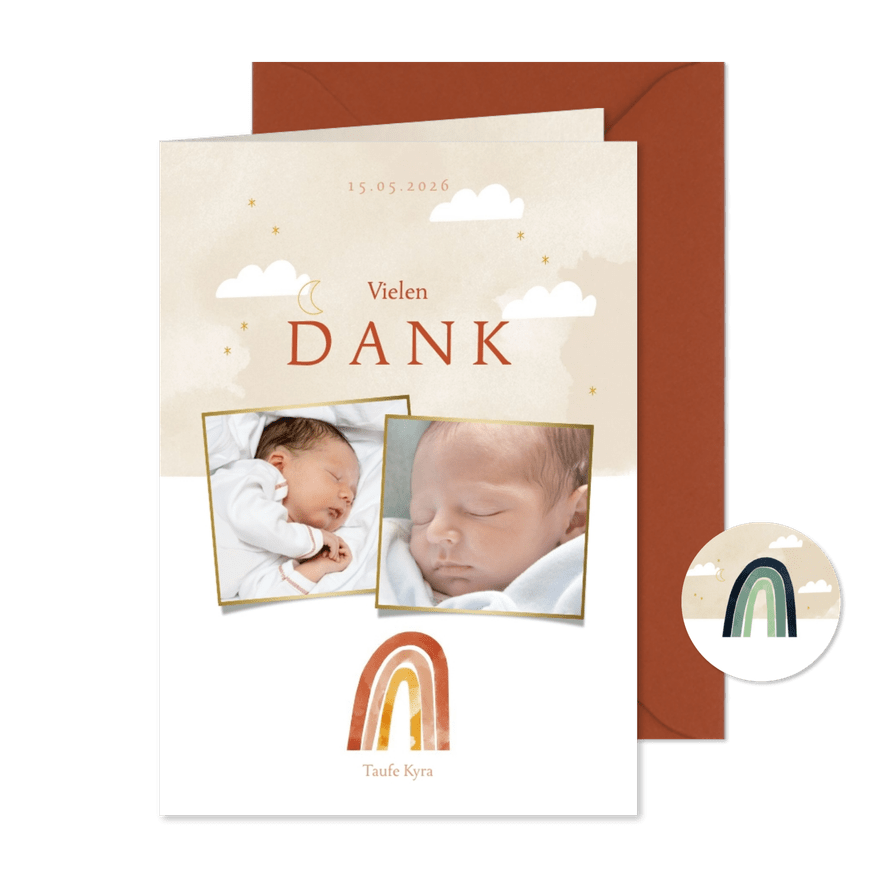 Danksagung Taufe Fotos & Regenbogen orange - Karteneindruck
