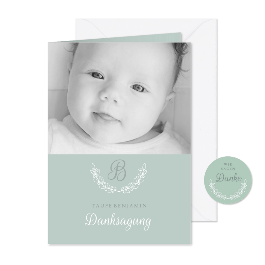 Danksagung Taufe klassisch blaugrün eigenes Foto - Karteneindruck
