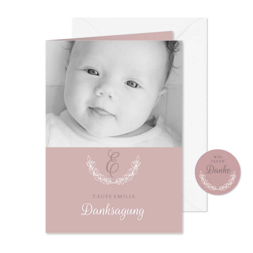 Danksagung Taufe klassisch rosé eigenes Foto - Karteneindruck
