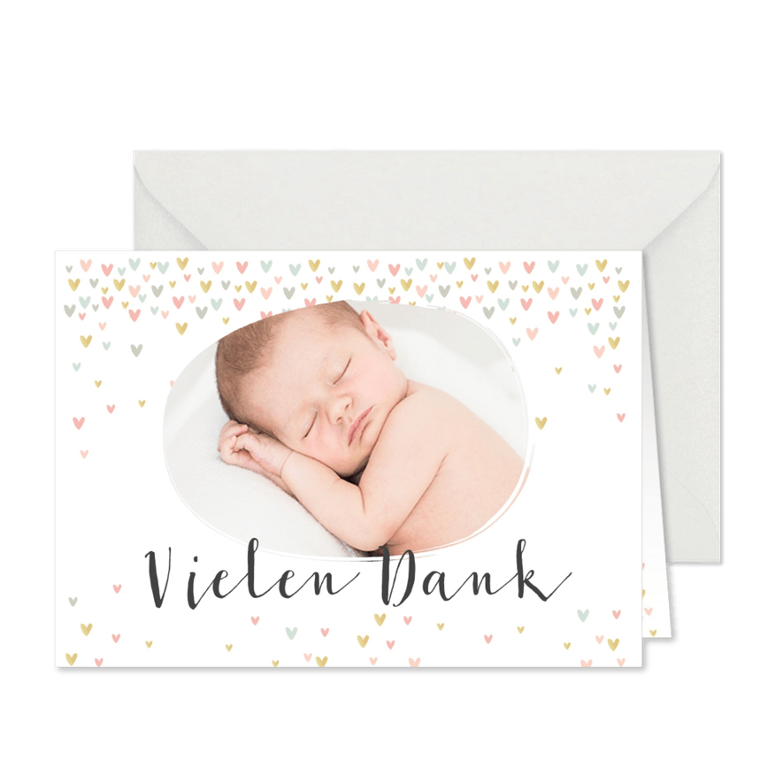 Danksagung Taufe mit Foto und kleinen Pastellherzen - Karteneindruck
