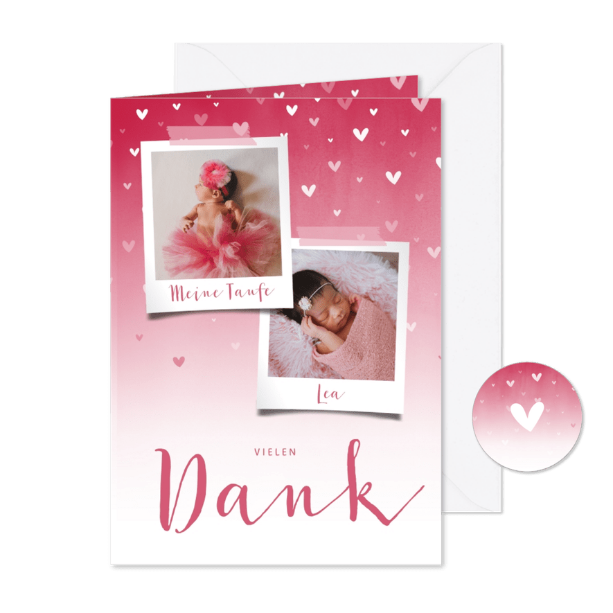Danksagung Taufe pink Fotos & zuckersüße Herzen - Karteneindruck