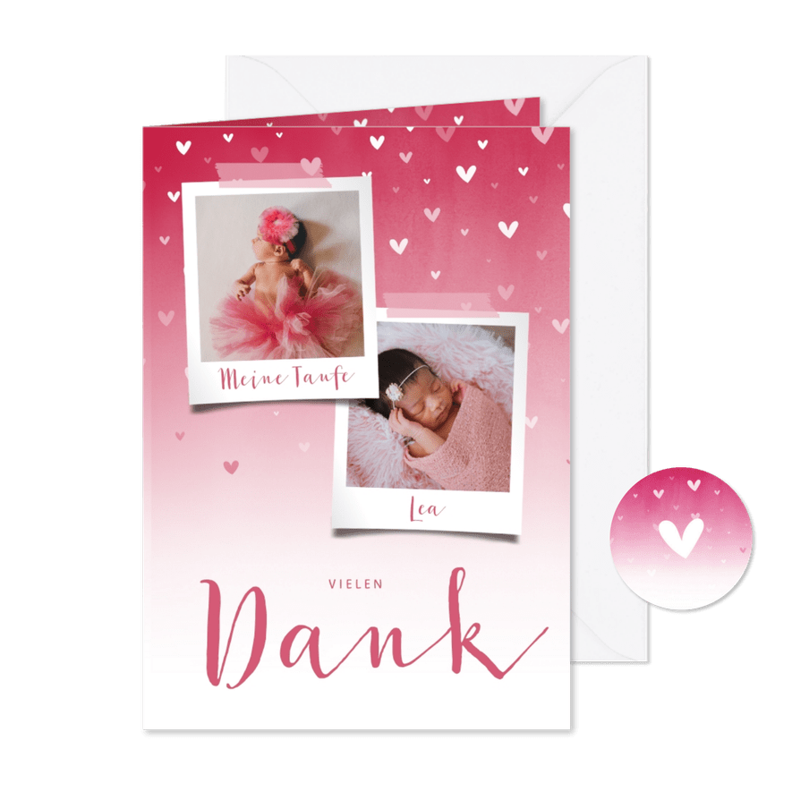 Danksagung Taufe pink Fotos & zuckersüße Herzen - Karteneindruck

