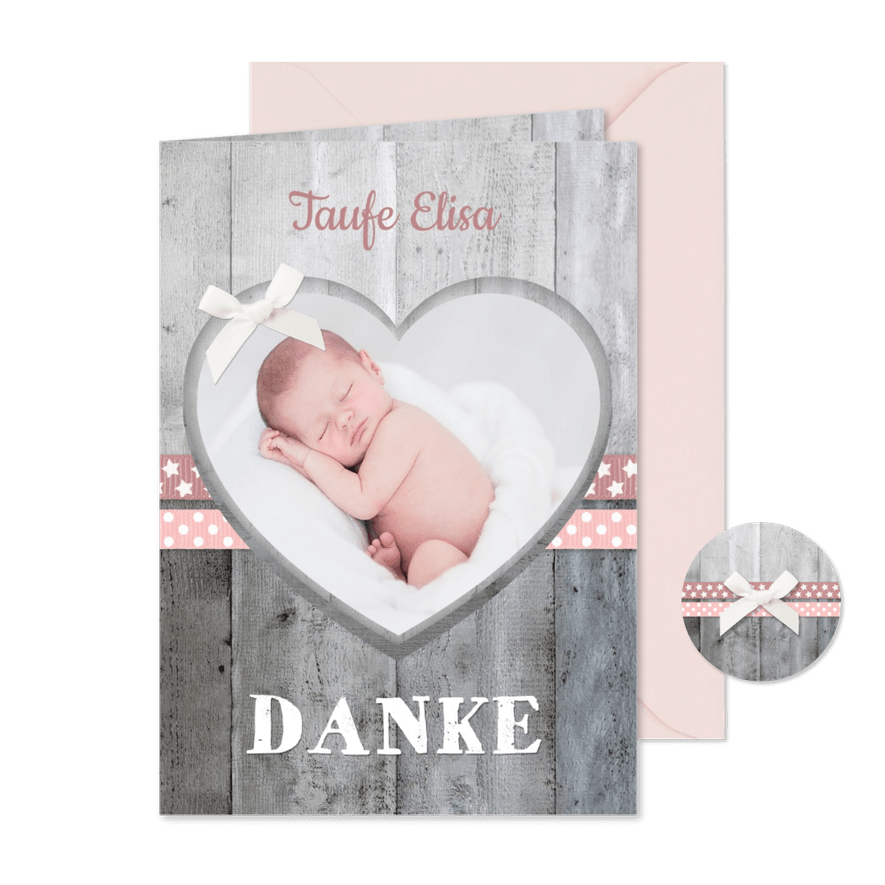 Danksagung Taufe rosa Bänder, Holzlook & Foto - Karteneindruck
