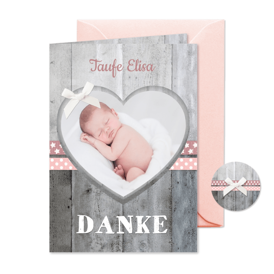 Danksagung Taufe rosa Bänder, Holzlook & Foto - Karteneindruck
