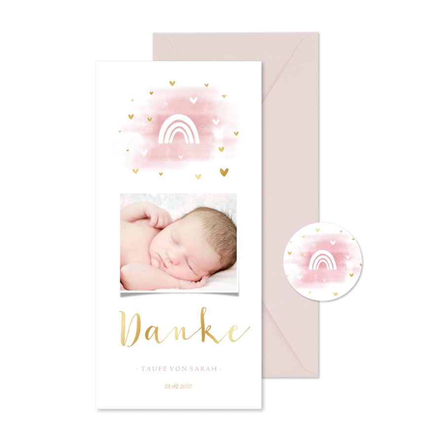 Danksagung Taufe rosa Foto Aquarell Regenbogen - Karteneindruck
