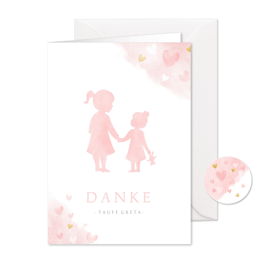 Danksagung Taufe rosa Silhouette kleine & große Schwester - Karteneindruck
