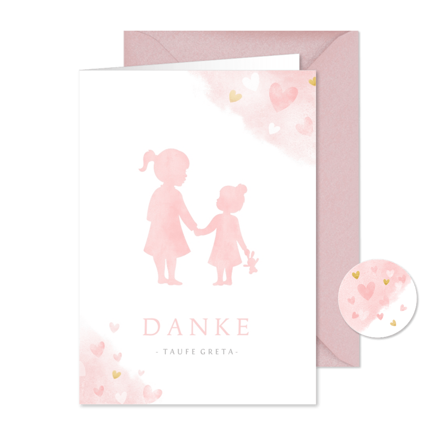 Danksagung Taufe rosa Silhouette kleine & große Schwester - Karteneindruck