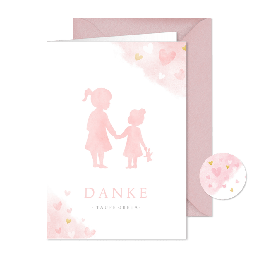 Danksagung Taufe rosa Silhouette kleine & große Schwester - Karteneindruck

