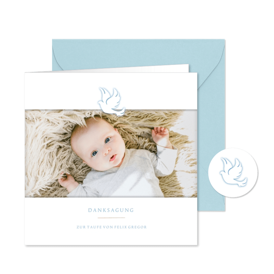 Danksagung Taufkarte eigenes Foto blaue Taube - Karteneindruck
