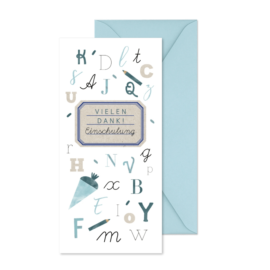 Danksagung zu meiner Einschulung ABC in Blau - Karteneindruck
