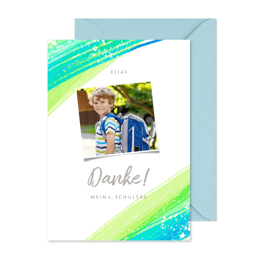 Danksagung zur Einschulung Foto grüne Streifen - Karteneindruck

