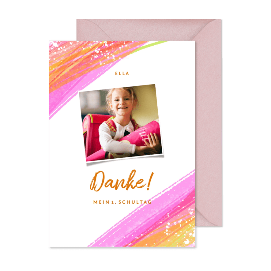 Danksagung zur Einschulung Foto rosa Streifen - Karteneindruck
