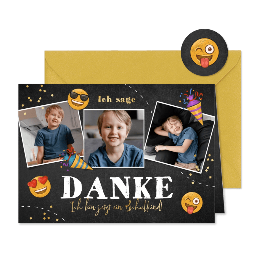 Danksagung zur Einschulung Fotocollage mit Emojis - Karteneindruck