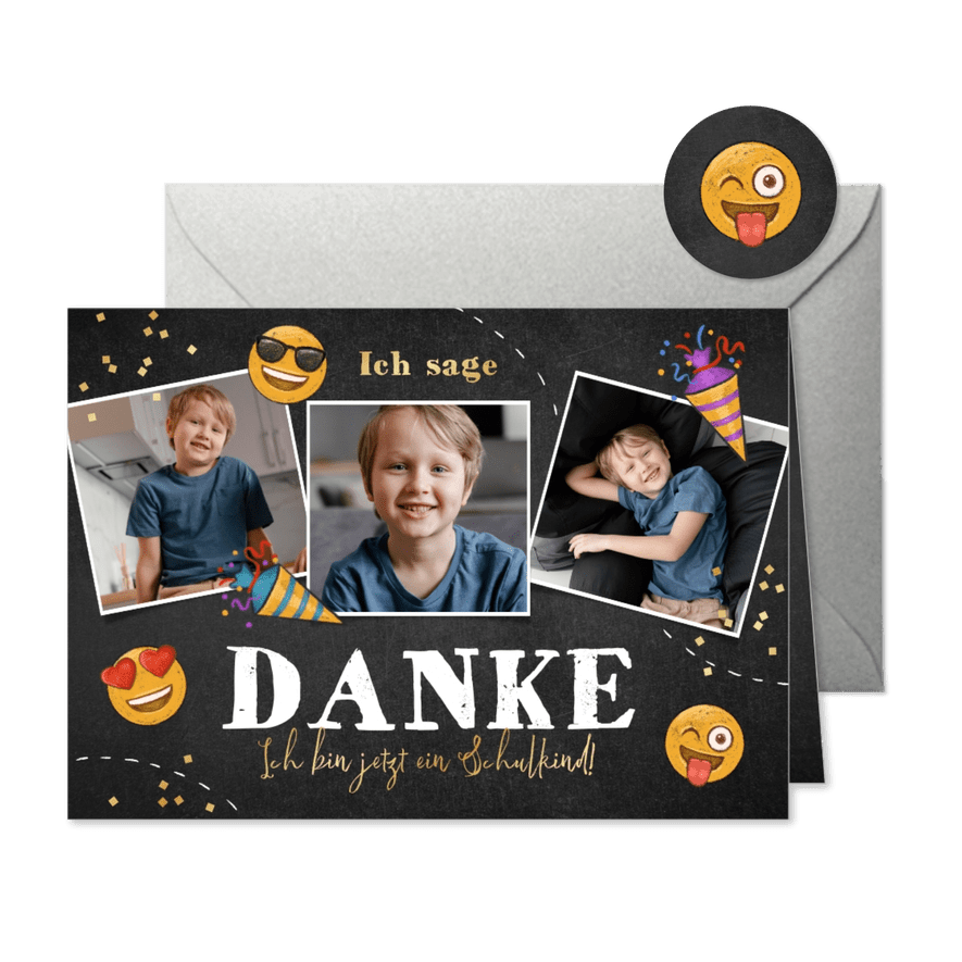 Danksagung zur Einschulung Fotocollage mit Emojis - Karteneindruck
