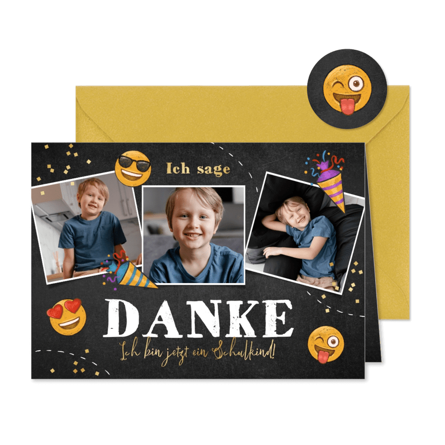 Danksagung zur Einschulung Fotocollage mit Emojis - Kartenvorschau