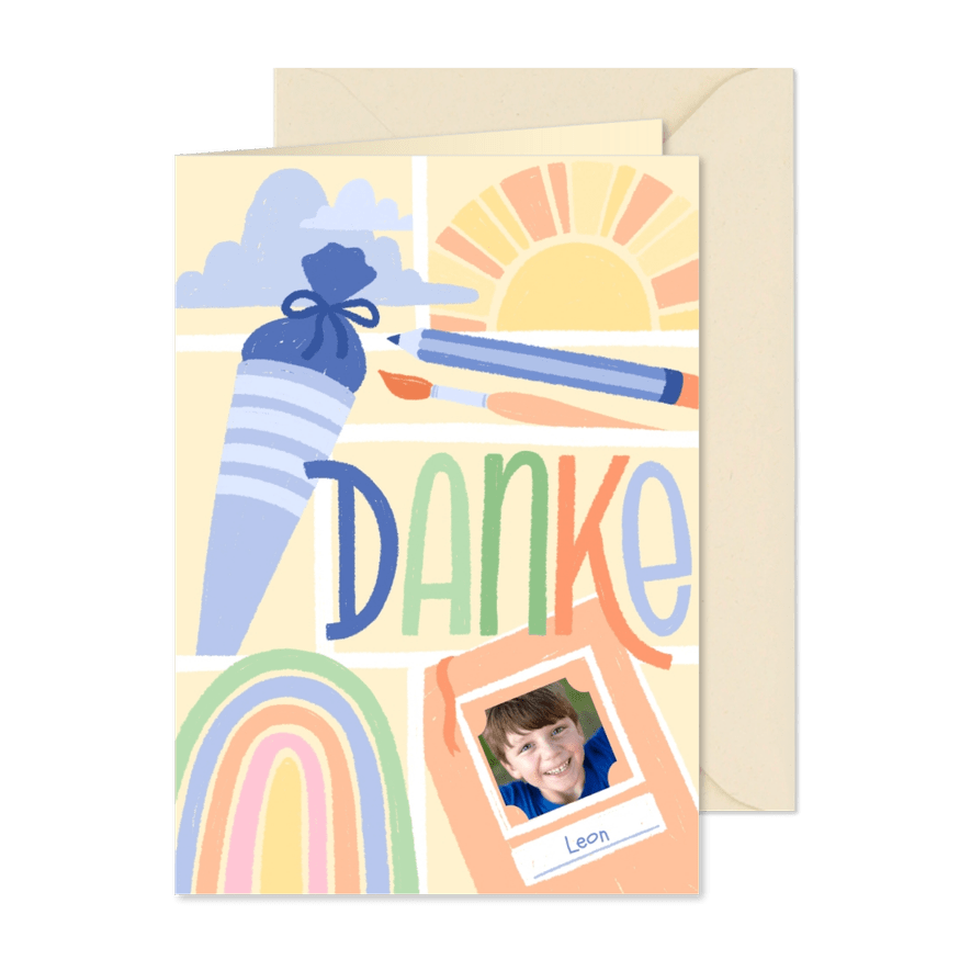 Danksagung zur Einschulung Sonne und Regenbogen - Kartenvorschau