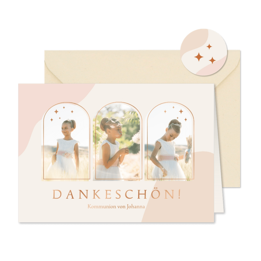 Danksagung zur Erstkommunion mit Formen, Fotos & Kupferdruck - Karteneindruck
