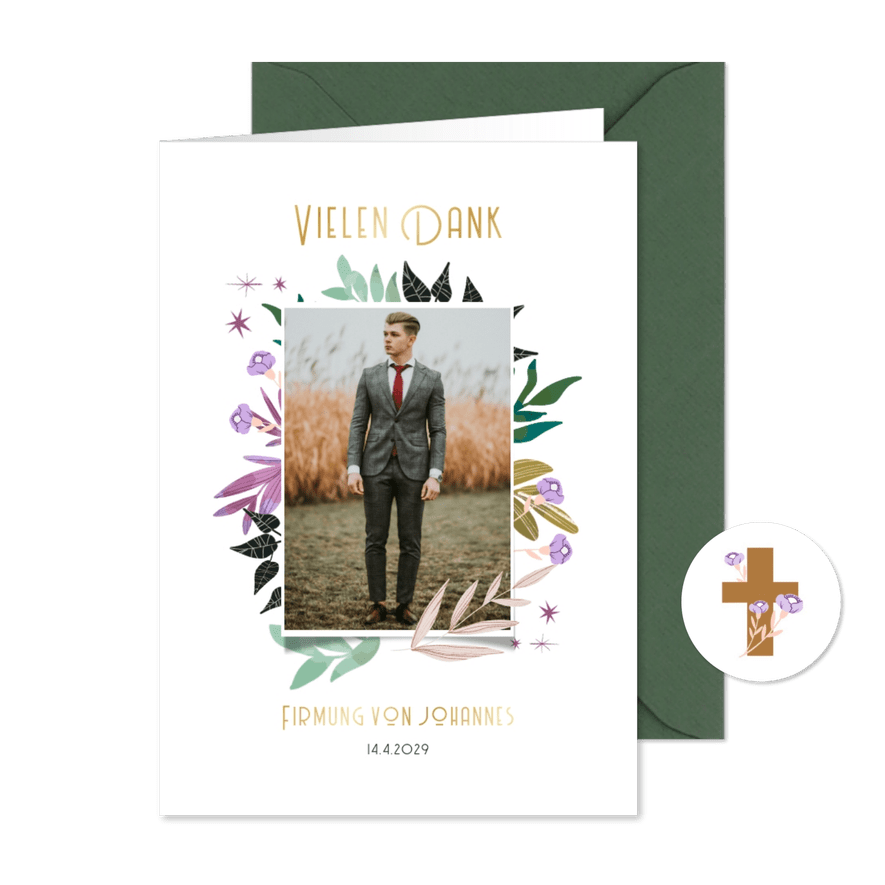 Danksagung zur Firmung mit Foto und Blumenrahmen - Karteneindruck