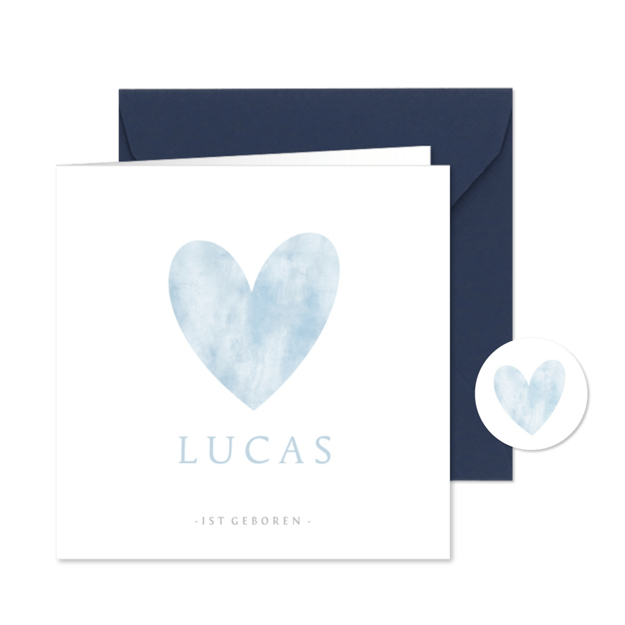 Danksagung zur Geburt blauem Herz Aquarelloptik Foto innen - Karteneindruck
