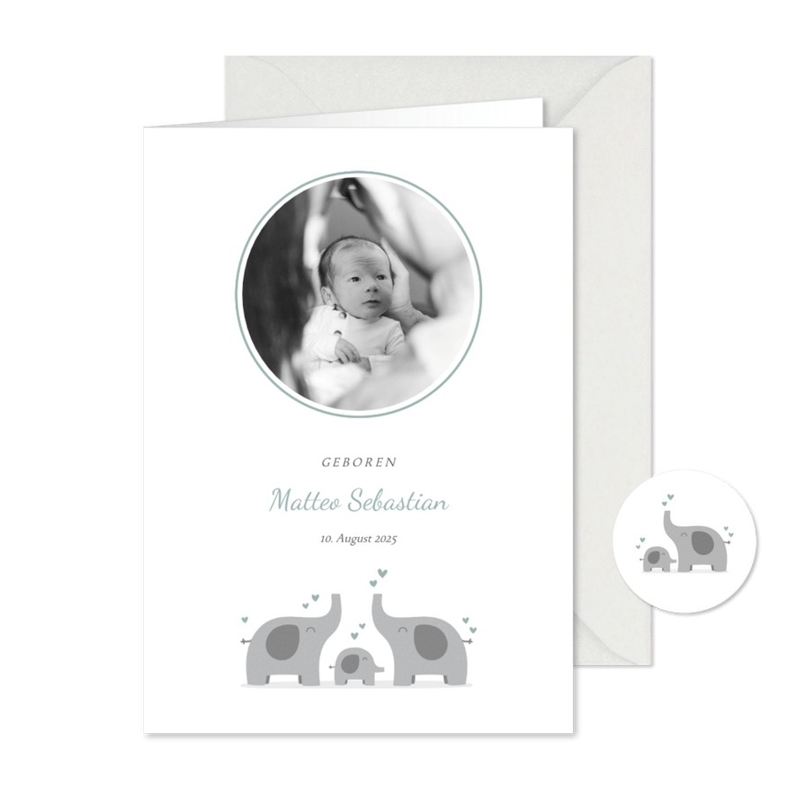 Danksagung zur Geburt Elefanten Foto hellblauer Kreis - Karteneindruck