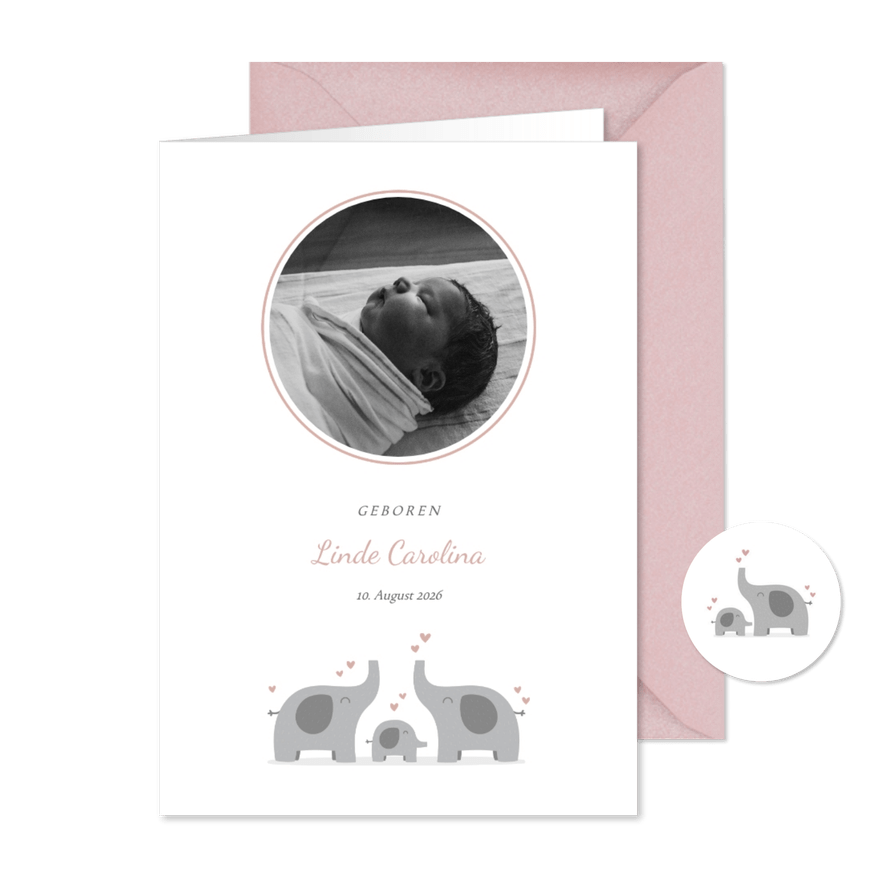 Danksagung zur Geburt Elefanten Foto rosa Kreis - Karteneindruck

