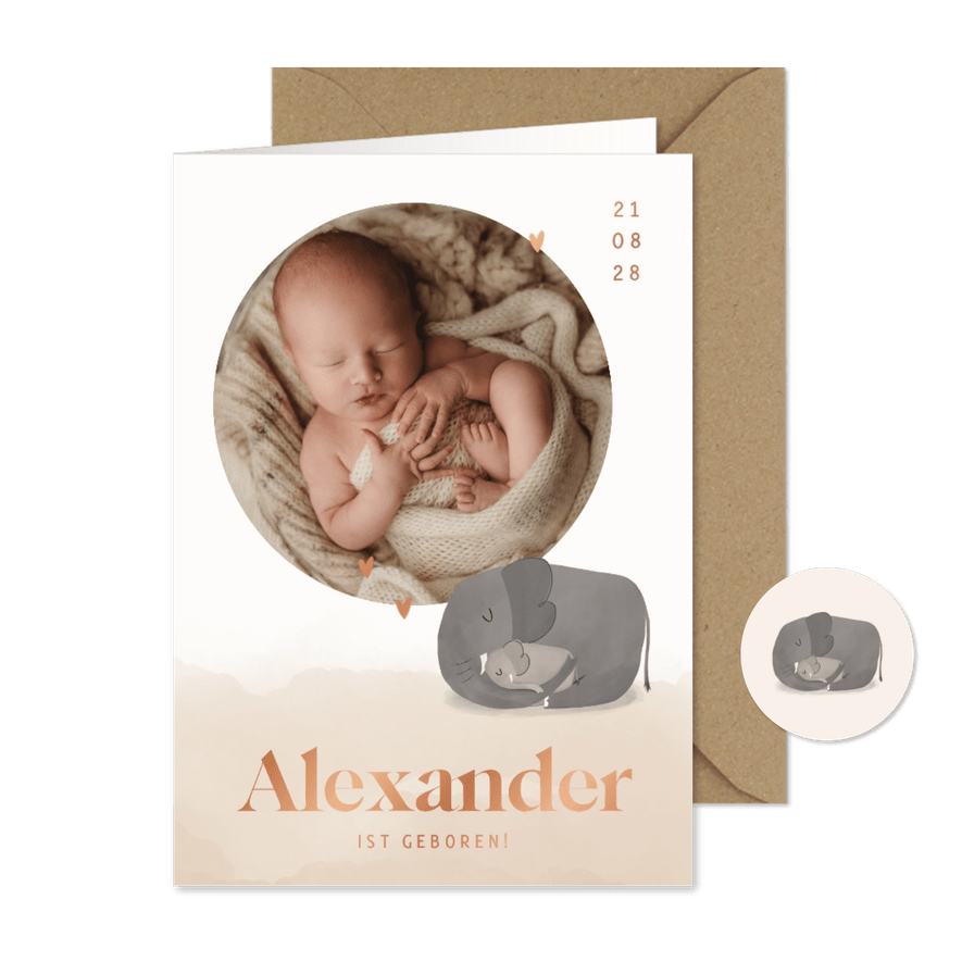 Danksagung zur Geburt Elefantenbaby, Kupferdruck & Foto - Karteneindruck