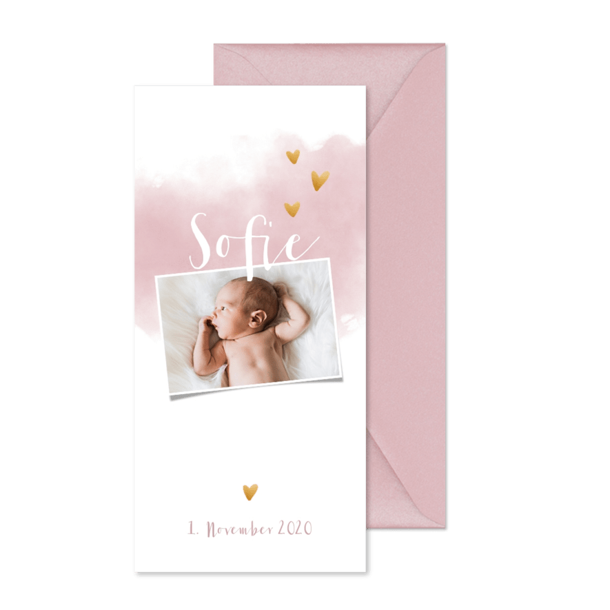 Danksagung zur Geburt Foto Aquarelloptik rosa - Karteneindruck
