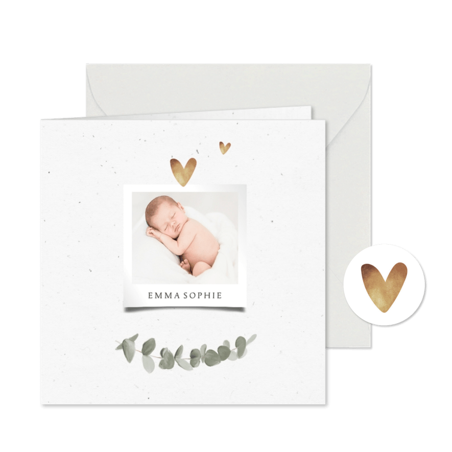Danksagung zur Geburt Foto, Herzen und Eukalyptus - Karteneindruck
