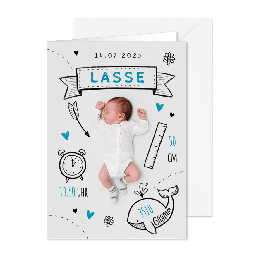 Danksagung zur Geburt Foto mit Doodles blau - Karteneindruck