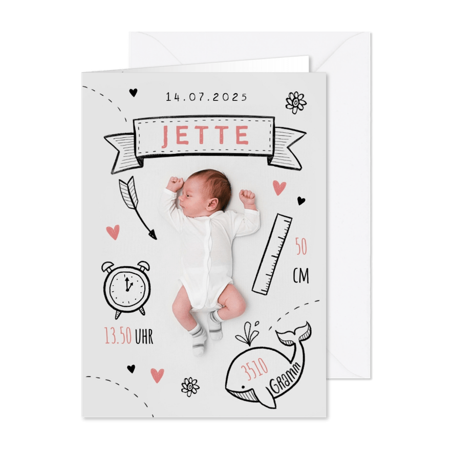 Danksagung zur Geburt Foto mit Doodles rosa - Karteneindruck

