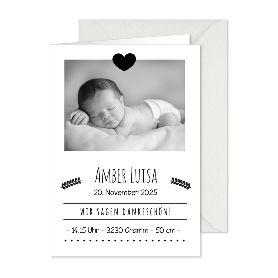 Danksagung zur Geburt Foto Schwarzweiß-Look - Karteneindruck