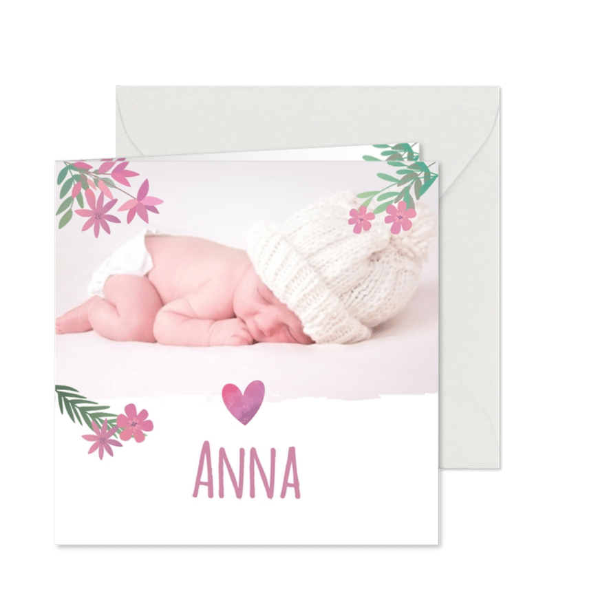 Danksagung zur Geburt Foto und Blumen rosa - Karteneindruck