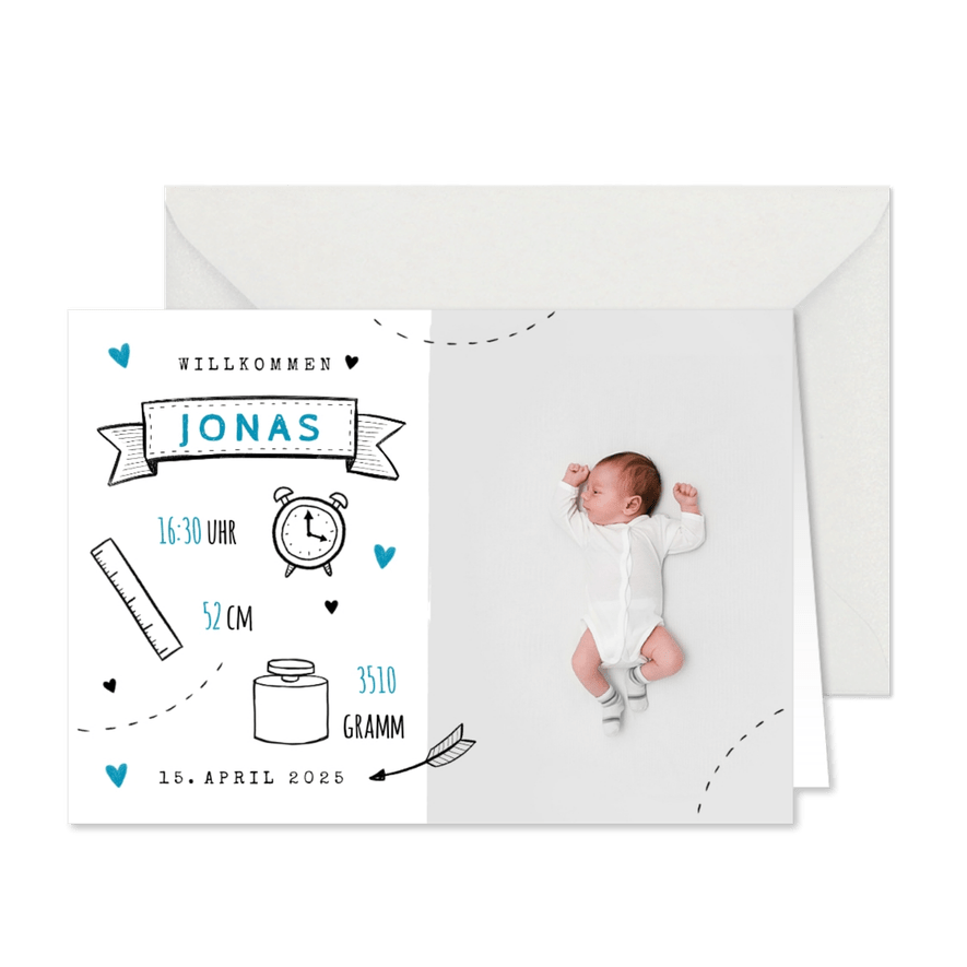 Danksagung zur Geburt Foto und Doodles blau - Karteneindruck