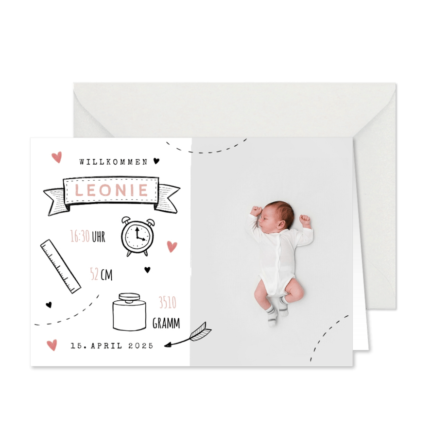 Danksagung zur Geburt Foto und Doodles rosa - Karteneindruck