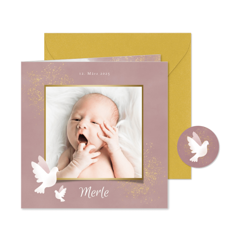 Danksagung zur Geburt Fotos mit Tauben rosé - Karteneindruck
