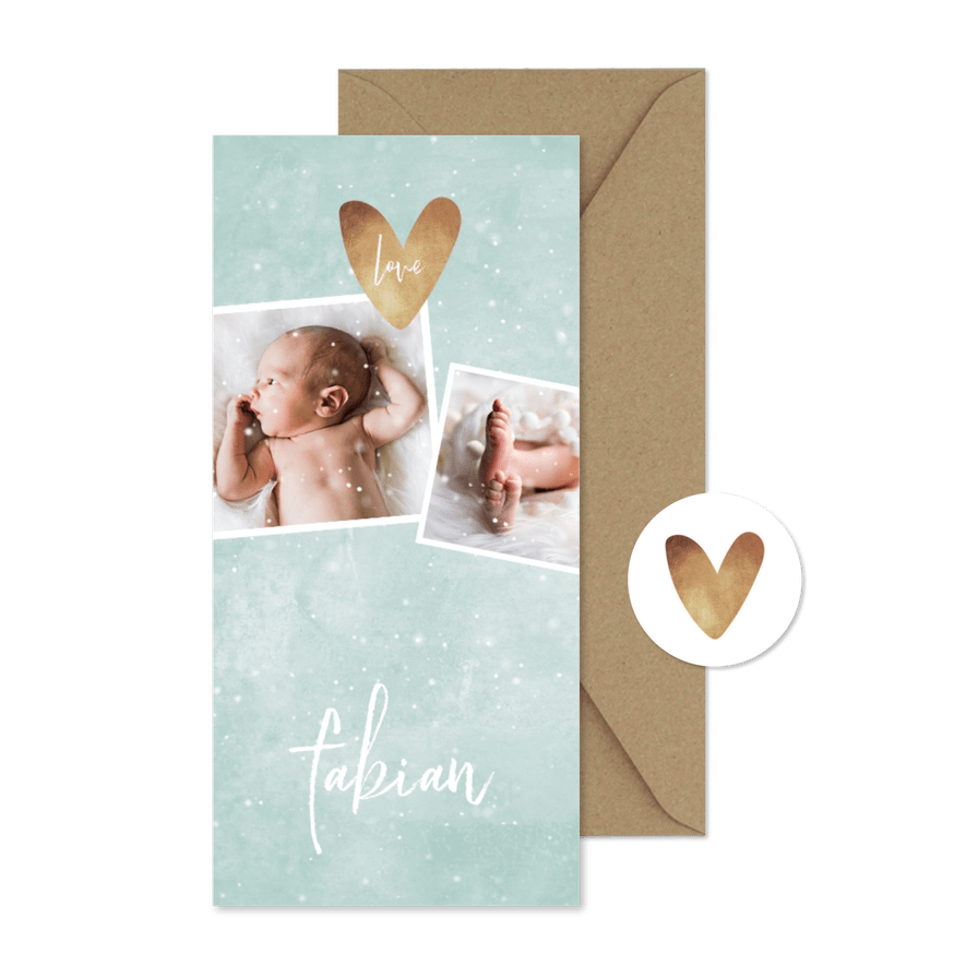 Danksagung zur Geburt grün mit 4 Fotos Winterlook - Karteneindruck