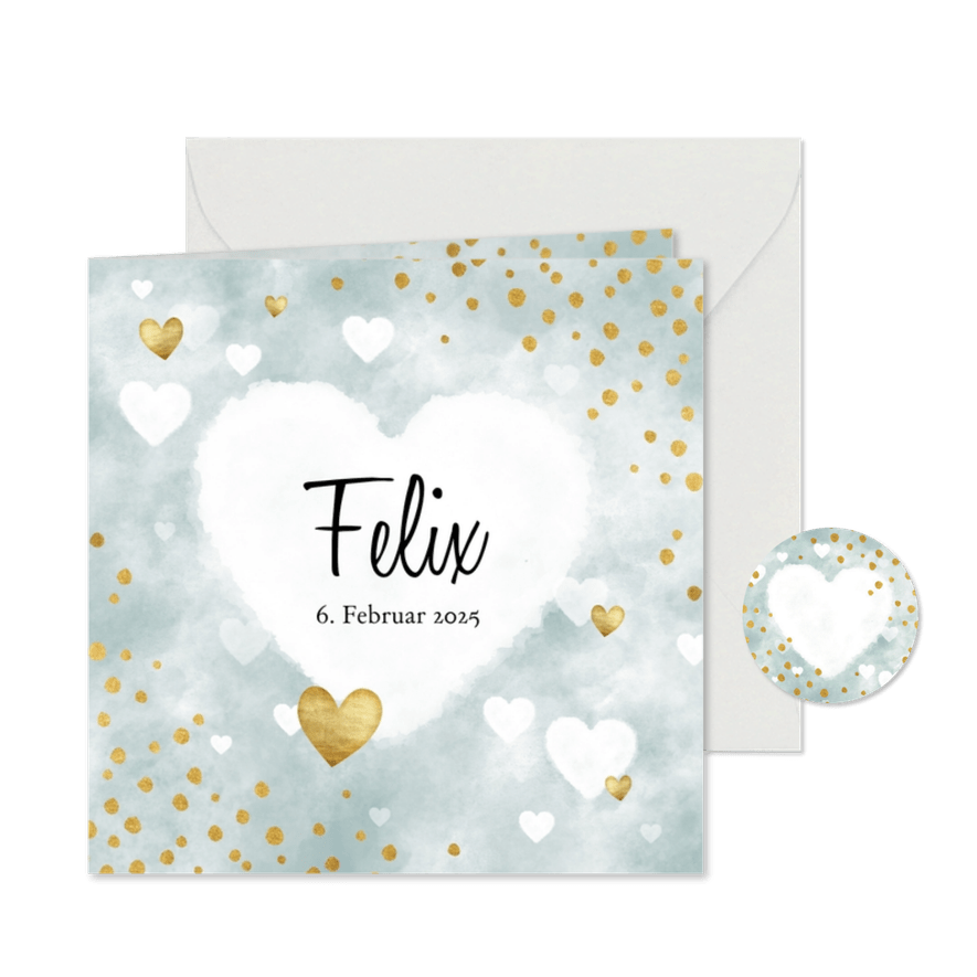 Danksagung zur Geburt Herzen blau & Foto innen - Karteneindruck
