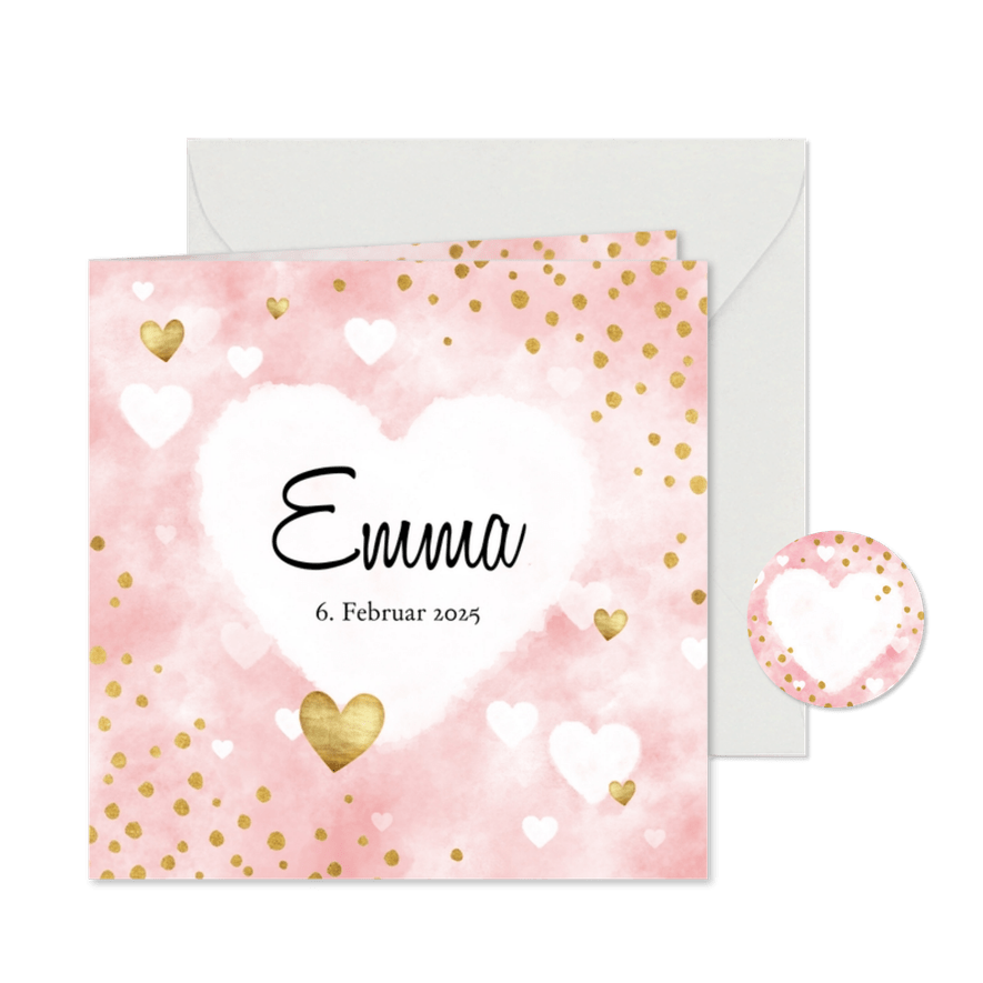 Danksagung zur Geburt Herzen rosa & Foto innen - Karteneindruck
