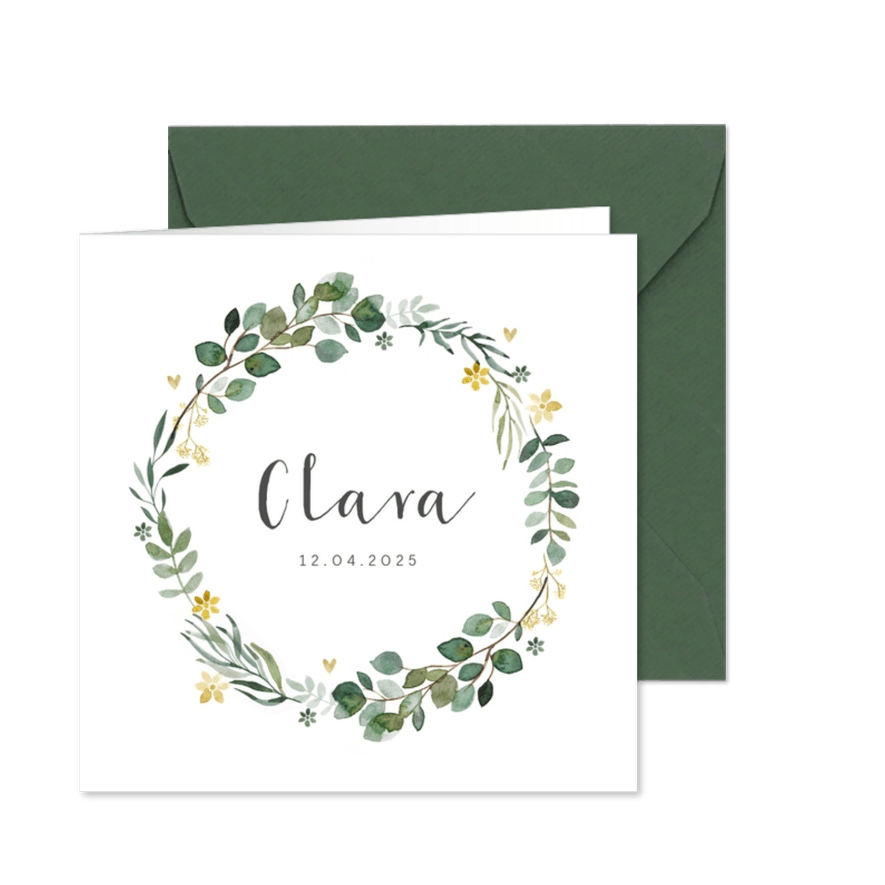 Danksagung zur Geburt Kranz botanisch Foto innen - Karteneindruck
