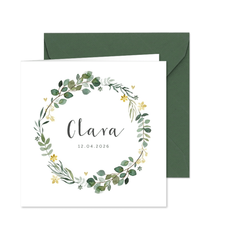 Danksagung zur Geburt Kranz botanisch Foto innen - Karteneindruck
