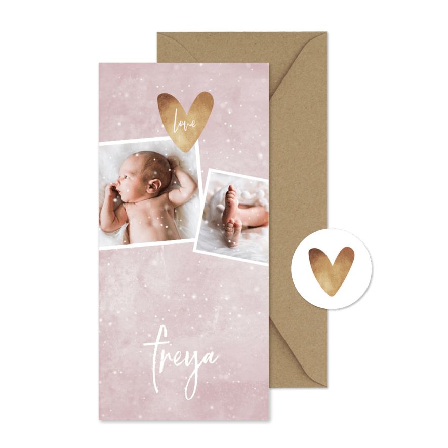 Danksagung zur Geburt rosa mit 4 Fotos Winterlook - Karteneindruck
