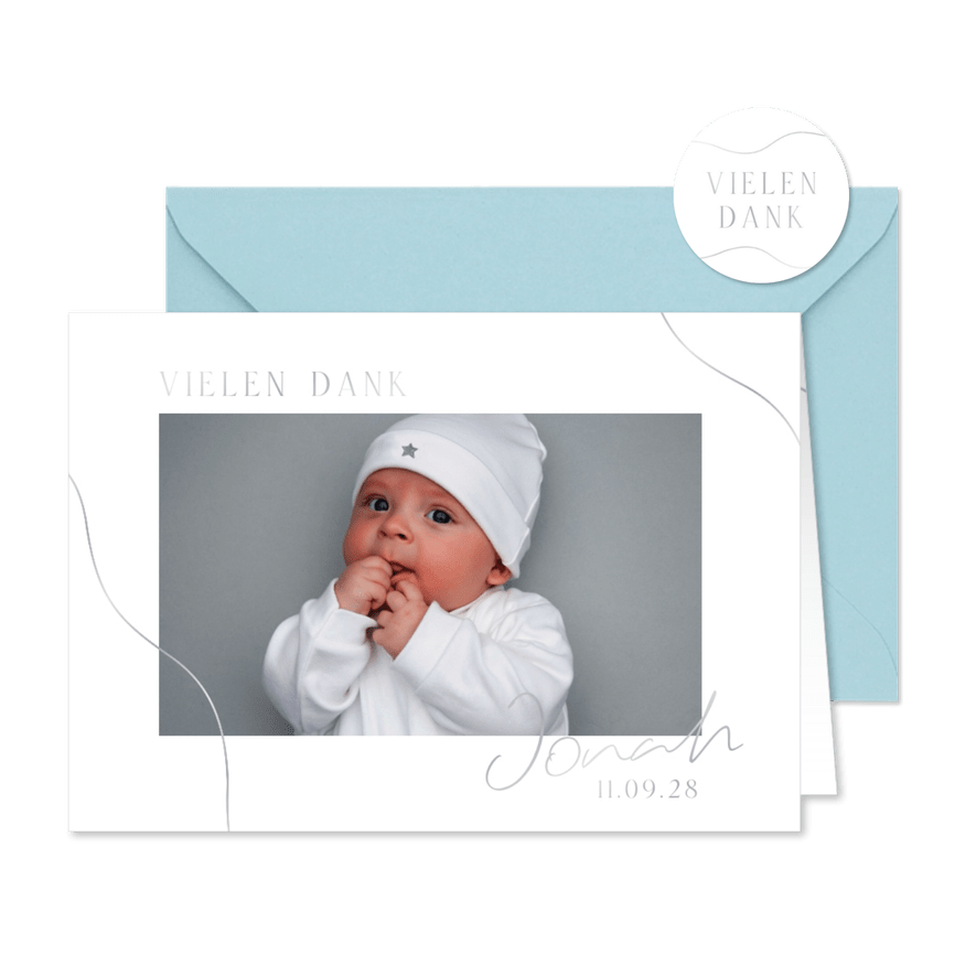 Danksagung zur Geburt Silberdruck, Foto & Linienspiel - Karteneindruck