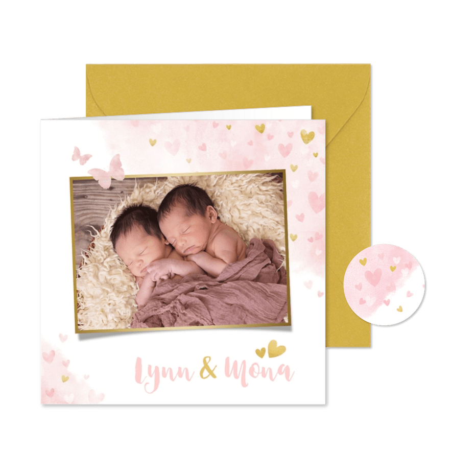 Danksagung zur Geburt von Zwillingsschwestern Foto & Herzen - Karteneindruck
