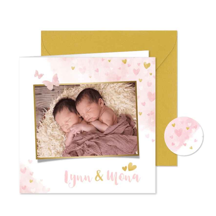 Danksagung zur Geburt von Zwillingsschwestern Foto & Herzen - Karteneindruck