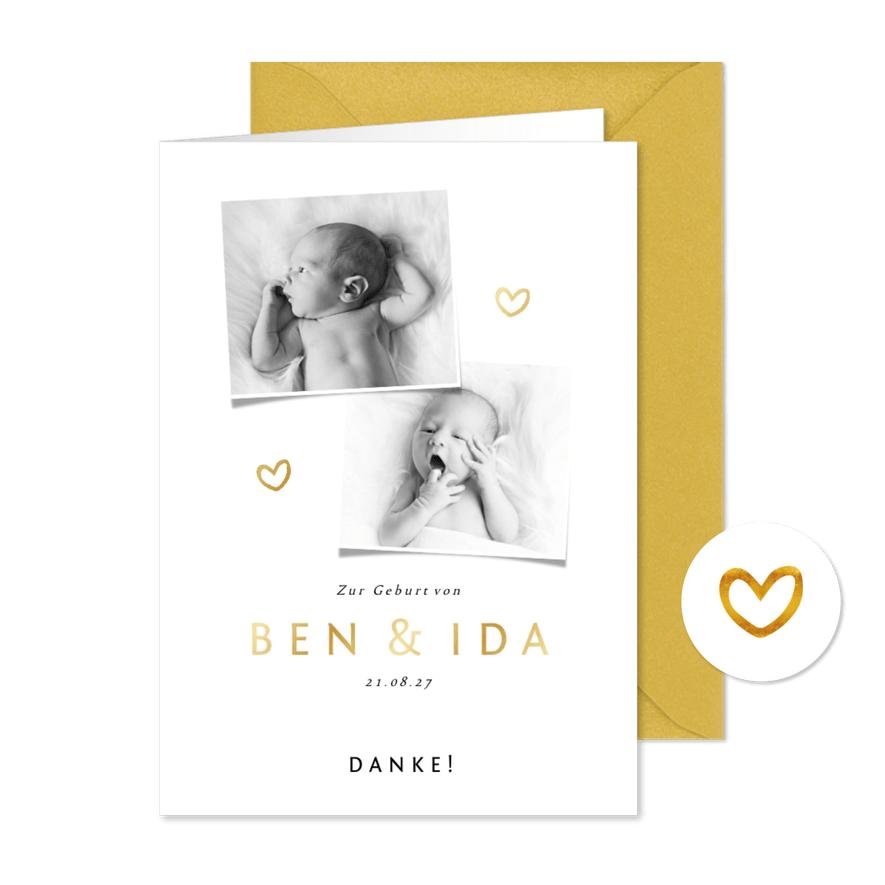 Danksagung zur Geburt Zwilling Fotos und Herzen - Karteneindruck
