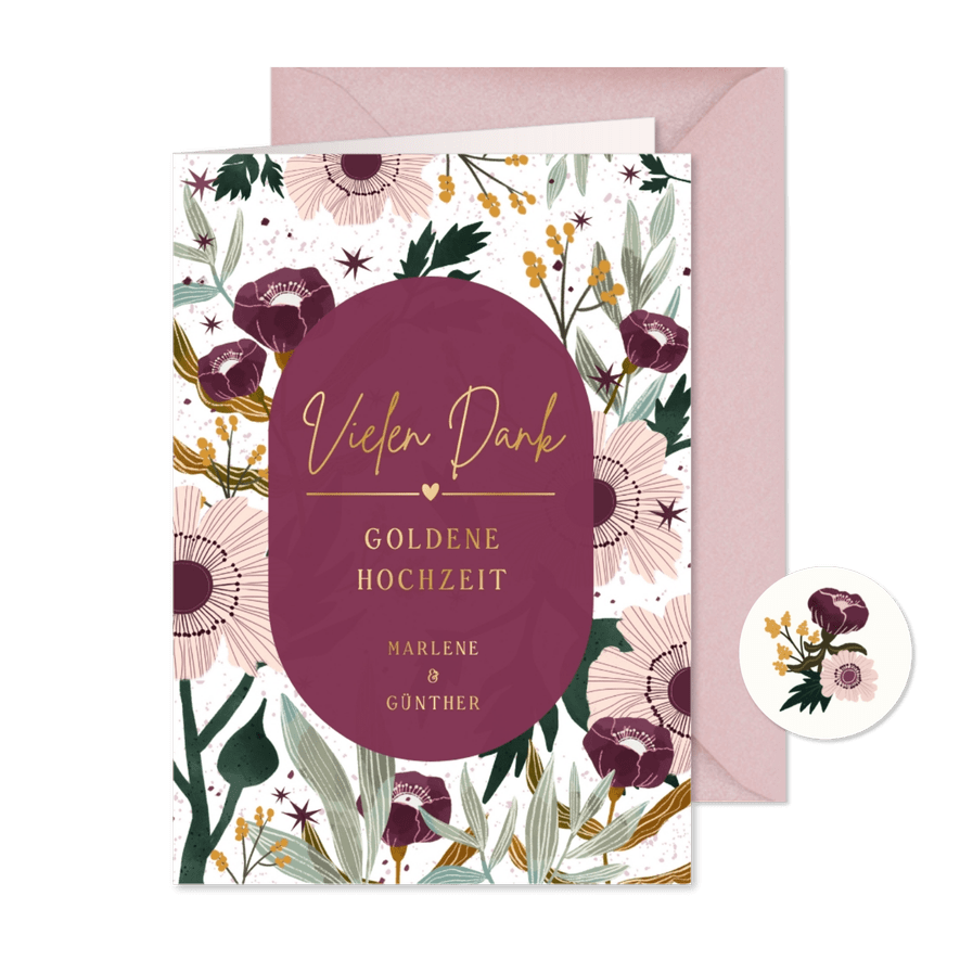 Danksagung zur Goldenen Hochzeit mit Blumen und Sternen - Karteneindruck
