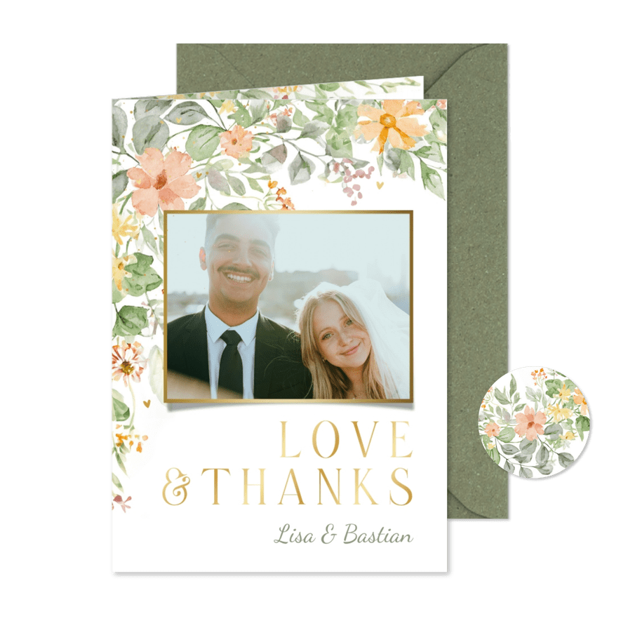 Danksagung zur Hochzeit Foto & romantische Blumenranken - Karteneindruck