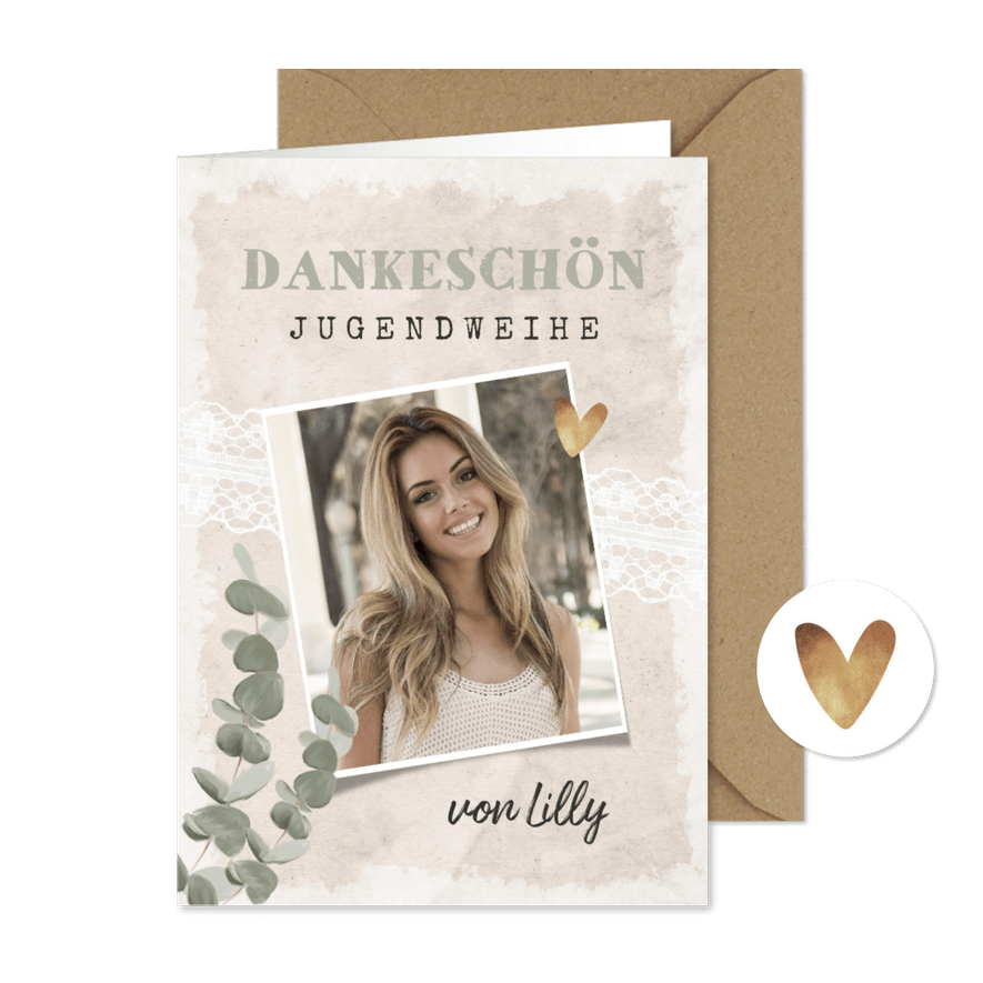 Danksagung zur Jugendweihe Foto, Eukalyptus & Spitze - Karteneindruck
