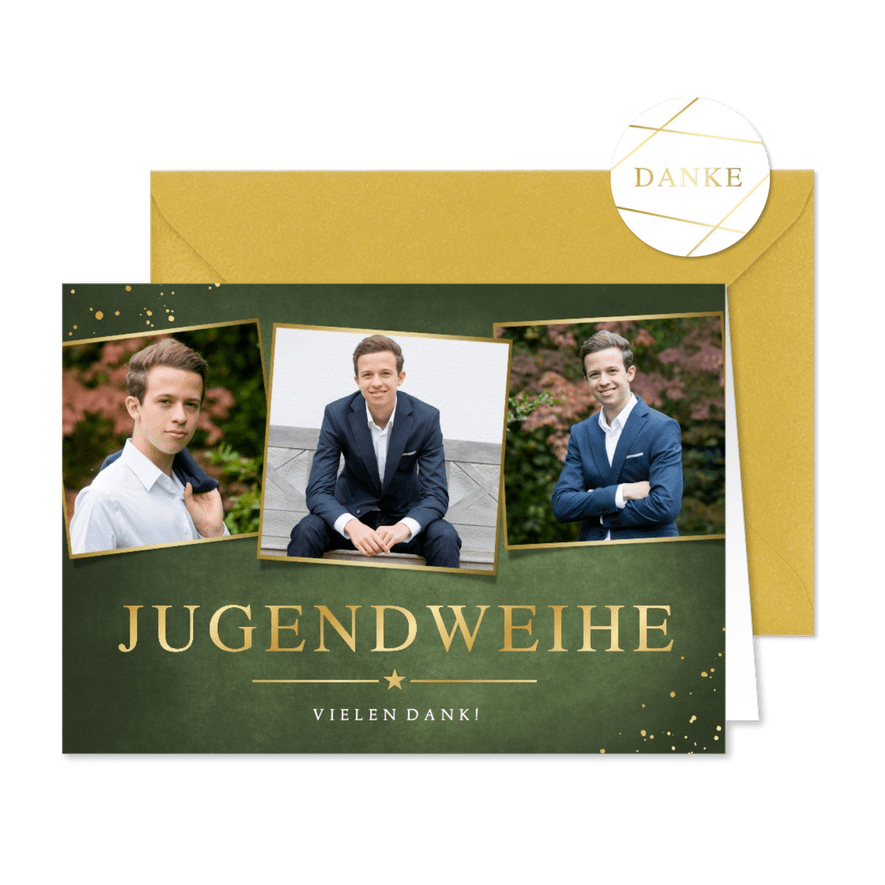 Danksagung zur Jugendweihe Fotocollage gold - Karteneindruck
